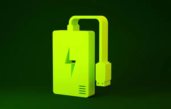 Yeşil arka planda farklı şarj kablosu simgesine sahip Sarı Güç Bankası. Taşınabilir şarj cihazı. Minimalizm kavramı. 3d illüstrasyon 3d canlandırma — Stok fotoğraf