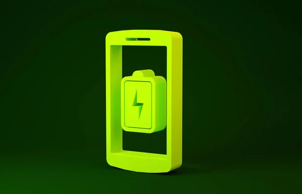 Sárga Okostelefon akkumulátor töltés ikon elszigetelt zöld háttérrel. Csekély akkumulátortöltésű telefon. Minimalizmus koncepció. 3d illusztráció 3D render — Stock Fotó