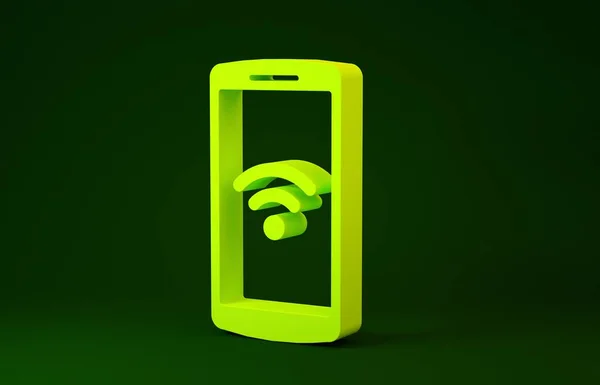 Yellow Smartphone with free wi-fi wireless connection icon isolated on green background. Wireless technology, wireless network, hotspot concepts. Minimalism concept. 3d illustration 3D render — 스톡 사진