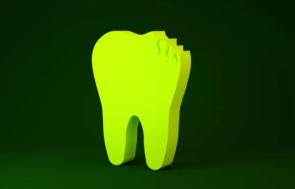 Ícone de dente quebrado amarelo isolado no fundo verde. Ícone de problema dentário. Símbolo de cuidados dentários. Conceito de minimalismo. 3D ilustração 3D render — Fotografia de Stock