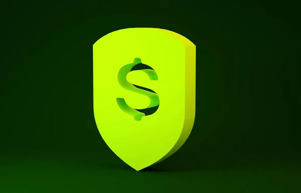 Yellow Shield and dollar icon isolated on green background. Security shield protection. Money security concept. Minimalism concept. 3d illustration 3D render — 스톡 사진