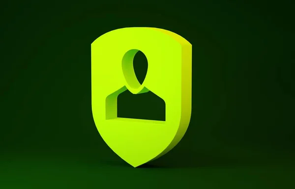 Жовта піктограма захисту користувача ізольована на зеленому фоні. Безпечний логін користувача, захищений паролем, захист персональних даних, піктограма автентифікації. Концепція мінімалізму. 3D ілюстрація 3D рендеринга — стокове фото