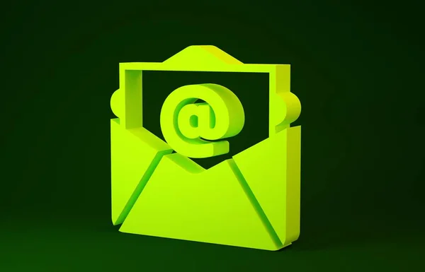 Icono de correo amarillo y correo electrónico aislado sobre fondo verde. Envolvente símbolo e-mail. Señal de correo electrónico. Concepto minimalista. 3D ilustración 3D render —  Fotos de Stock