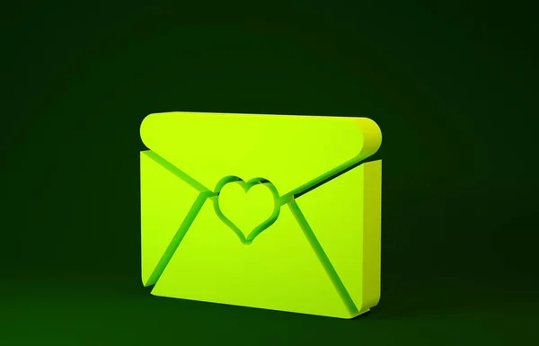 Plic galben cu pictograma inimii Valentine izolată pe fundal verde. Scrisoare de dragoste și romantism. Conceptul de minimalism. 3d ilustrație 3D render — Fotografie, imagine de stoc