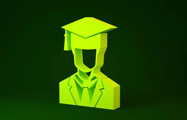 Giallo Maschio profilo studente laureato con abito e icona cappello laurea isolato su sfondo verde. Concetto minimalista. Illustrazione 3d rendering 3D — Foto Stock