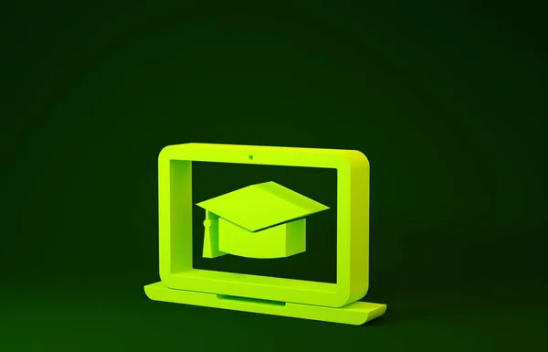 Żółta czapka Graduation na ekranie ikona laptopa izolowane na zielonym tle. Koncepcja uczenia się online lub e-learningu. Koncepcja minimalizmu. Ilustracja 3d — Zdjęcie stockowe