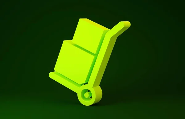 Amarelo Caminhão de mão e caixas ícone isolado no fundo verde. Símbolo Dolly. Conceito de minimalismo. 3D ilustração 3D render — Fotografia de Stock