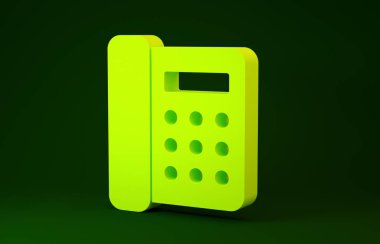 Sarı Telefon simgesi yeşil arkaplanda izole edildi. Sabit telefon. Minimalizm kavramı. 3d illüstrasyon 3B canlandırma