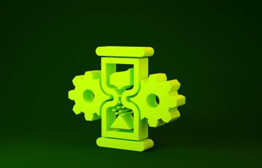 Yeşil arka planda sarı kum saati ve dişli ikonu izole edildi. Zaman Yönetimi sembolü. Saat ve vites simgesi. İş konsepti. Minimalizm kavramı. 3d illüstrasyon 3d canlandırma