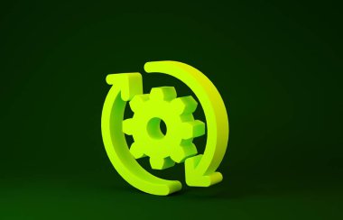 İş akışı konsepti simgesi olarak sarı dişli ve oklar yeşil arkaplanda izole edildi. Vites doldurma tabelası. Minimalizm kavramı. 3d illüstrasyon 3d canlandırma