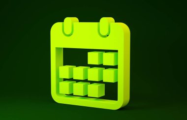 Yeşil arkaplanda sarı takvim simgesi izole edildi. Minimalizm kavramı. 3d illüstrasyon 3d canlandırma