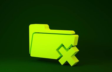 Yeşil arkaplanda sarı klasör simgesi izole edildi. Geri dönüşüm kutusu olan klasör. Dizini sil ya da hata yap. Bilgisayar bilgi dizinini kapat. Minimalizm kavramı. 3d illüstrasyon 3d canlandırma