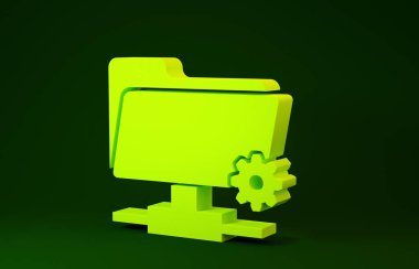 Sarı Ftp ayarları dizin simgesi yeşil arkaplanda izole edildi. Yazılım güncellemesi, transfer protokolü, yönlendirici, takım çalışması araç yönetimi, kopyalama işlemi. Minimalizm kavramı. 3d illüstrasyon 3d canlandırma