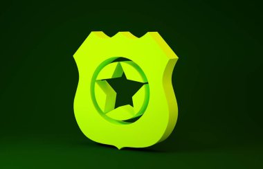 Sarı polis rozeti ikonu yeşil arka planda izole edildi. Şerif rozeti. Minimalizm kavramı. 3d illüstrasyon 3d canlandırma