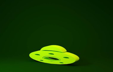 Sarı Ufo uçan uzay gemisi simgesi yeşil arkaplanda izole edildi. Uçan daire. Uzaylı uzay gemisi. Gelecekteki bilinmeyen uçan nesne. Minimalizm kavramı. 3d illüstrasyon 3d canlandırma