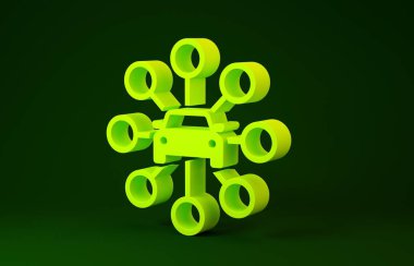 Sarı Araba paylaşım simgesi yeşil arkaplanda izole edildi. Araba paylaşım tabelası. Nakliye hizmeti konsepti. Minimalizm kavramı. 3d illüstrasyon 3d canlandırma