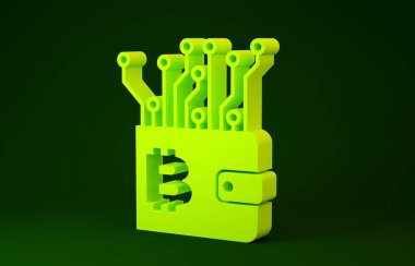 Yeşil arkaplanda sarı kripto para birimi cüzdan simgesi izole edildi. Cüzdan ve bitcoin işareti. Maden konsepti. Para, ödeme, nakit, ödeme ikonu. Minimalizm kavramı. 3d illüstrasyon 3d canlandırma