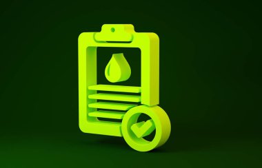 Yeşil zemin üzerinde kan testi ikonu olan sarı tıbbi pano. Klinik kayıtları, reçeteli ilaçlar, sağlık kontrolü raporları. Minimalizm kavramı. 3d illüstrasyon 3d canlandırma