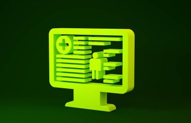 Yeşil arka planda izole edilmiş monitör ikonundaki sarı tıbbi kayıtlar. Sağlık sigortası formu. Reçete, tıbbi kontrol işaretleri raporu. Minimalizm kavramı. 3d illüstrasyon 3d canlandırma