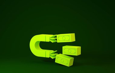 Yeşil arka planda para simgesi olan sarı mıknatıs. Yatırım ve para çekme kavramı. Büyük işletmelerin kazanç kaynağı ve başarısı. Minimalizm kavramı. 3d illüstrasyon 3d canlandırma