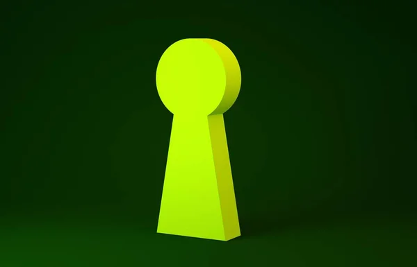 Ícone amarelo do buraco da fechadura isolado no fundo verde. Chave da solução de sucesso. Keyhole expressar o conceito de enigma, segredo, segurança, segurança. Conceito de minimalismo. 3D ilustração 3D render — Fotografia de Stock