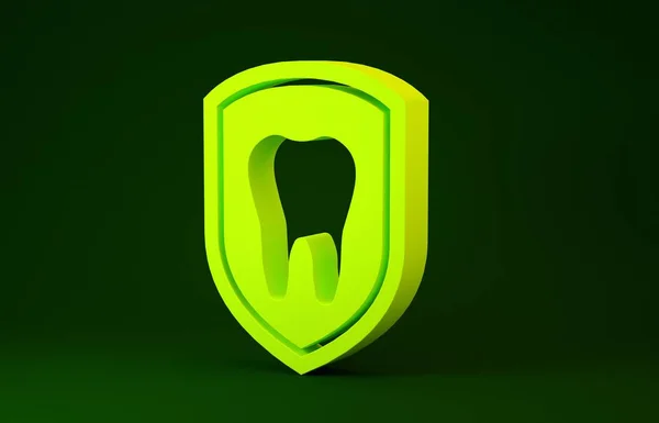 Žlutá ikona dentální ochrany izolovaná na zeleném pozadí. Zub na ikoně štítového loga. Minimalismus. 3D ilustrace 3D vykreslení — Stock fotografie