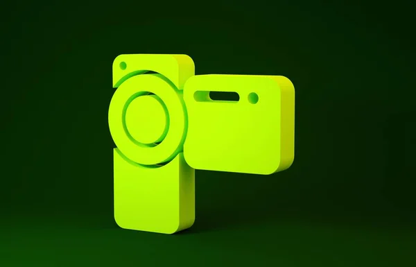 Κίτρινος Κινηματογράφος κάμερα εικονίδιο απομονώνονται σε πράσινο φόντο. Βιντεοκάμερα. Σινεμά. Προβολέας ταινιών. Μινιμαλιστική έννοια. 3d απεικόνιση 3D καθιστούν — Φωτογραφία Αρχείου