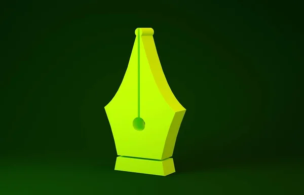Жовта піктограма ручки фонтану ізольована на зеленому фоні. Значок перо. Концепція мінімалізму. 3D ілюстрація 3D рендеринга — стокове фото