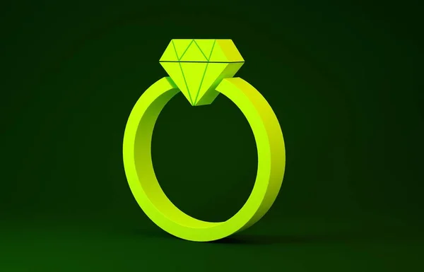Κίτρινη Diamond εικόνα δαχτυλίδι εμπλοκή απομονώνονται σε πράσινο φόντο. Μινιμαλιστική έννοια. 3d απεικόνιση 3D καθιστούν — Φωτογραφία Αρχείου