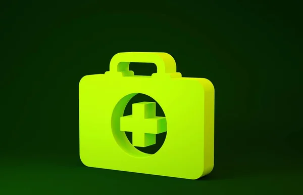 Icona del kit di pronto soccorso giallo isolato su sfondo verde. Scatola medica con croce. Attrezzature mediche per l'emergenza. Concetto sanitario. Concetto minimalista. Illustrazione 3d rendering 3D — Foto Stock