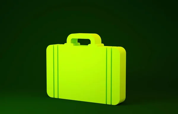 Sárga bőrönd utazási ikon elszigetelt zöld alapon. Utazó csomagjelzés. Útipoggyász ikon. Minimalizmus koncepció. 3d illusztráció 3d render — Stock Fotó