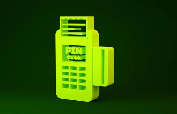 Yeşil arkaplanda sarı POS terminali ve eklenmiş kredi kartı ve yazdırılmış alıcı simgesi var. NFC ödeme konsepti. Minimalizm kavramı. 3d illüstrasyon 3B canlandırma — Stok fotoğraf
