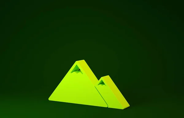 Ícone de montanhas amarelas isolado no fundo verde. Símbolo de vitória ou conceito de sucesso. Conceito de minimalismo. 3D ilustração 3D render — Fotografia de Stock