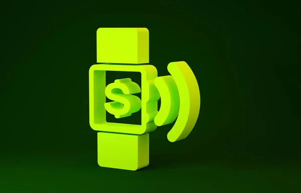 Yellow Contactless payment icon isolated on green background. Smartwatch with nfc technology making wireless contactless transactions. Minimalism concept. 3d illustration 3D render — 스톡 사진
