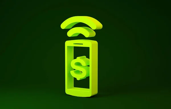 Gelbes Symbol für kontaktloses Bezahlen auf grünem Hintergrund. Mobile Wallet-Technologie, nfc, drahtloses Bezahlen mit dem Smartphone. Minimalismus-Konzept. 3D Illustration 3D Renderer — Stockfoto