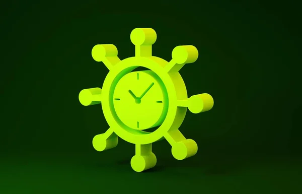 Sárga óra és fogaskerék ikon elszigetelt zöld alapon. Időgazdálkodás szimbólum. Üzleti koncepció. Hub és küllők és óra szilárd ikon. Minimalizmus koncepció. 3d illusztráció 3d render — Stock Fotó