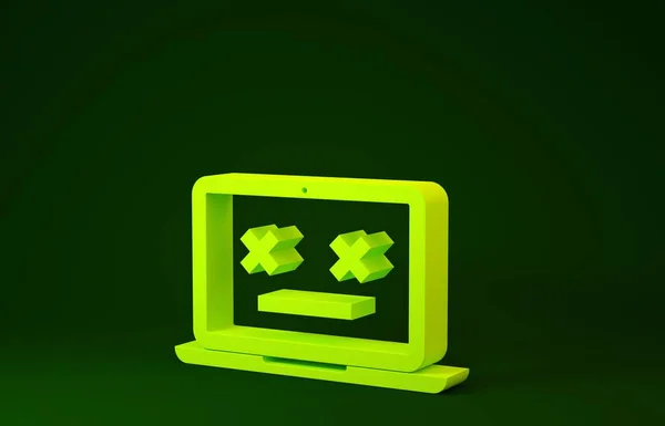 Yellow Dead laptop icon isolated on green background. 404 error like laptop with dead emoji. Fatal error in pc system. Minimalism concept. 3d illustration 3D render — 스톡 사진