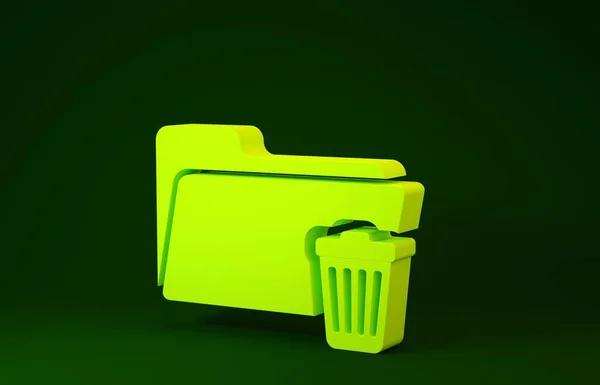 Иконка "Yellow Delete folder" изолирована на зеленом фоне. Папка с мусорным баком. Удалить или папку с ошибками. Закройте папку информации компьютера. Концепция минимализма. 3D-рендеринг — стоковое фото