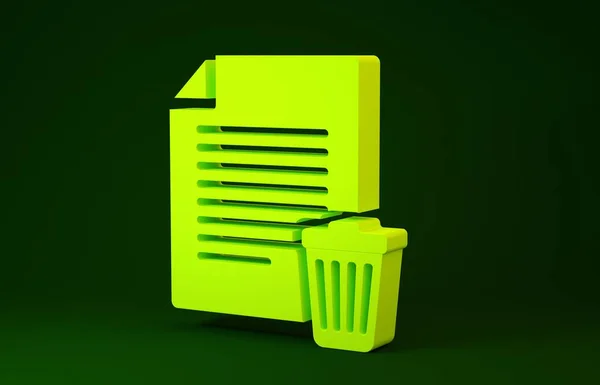 Gelbes Dateidokument-Symbol löschen, isoliert auf grünem Hintergrund. Papierbogen mit Papierkorbschild. Dokument-Ikone abgelehnt. Kreuz auf Papier. Minimalismus-Konzept. 3D Illustration 3D Renderer — Stockfoto