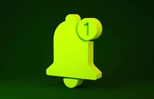Gul klocka ikon isolerad på grön bakgrund. Ny ikon för anmälan. Ny meddelandeikon. Minimalistiskt koncept. 3D-illustration 3D-återgivning — Stockfoto