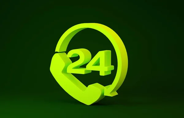 Κίτρινη Τηλέφωνο 24 ώρες εικόνα υποστήριξης απομονώνονται σε πράσινο φόντο. Τηλεφωνικό κέντρο υποστήριξης πελατών όλη μέρα. Υπηρεσία τηλεφωνικών κλήσεων πλήρους απασχόλησης. Μινιμαλιστική έννοια. 3D απεικόνιση 3d καθιστούν — Φωτογραφία Αρχείου