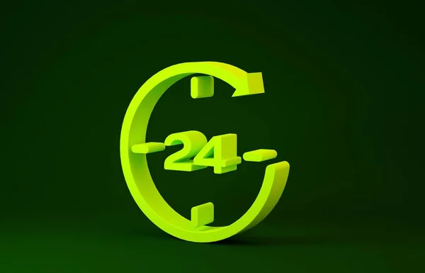 Sárga óra 24 órás ikon elszigetelt zöld alapon. Egész nap ciklikus ikon. 24 órás szolgálati szimbólum. Minimalizmus koncepció. 3d illusztráció 3D render — Stock Fotó
