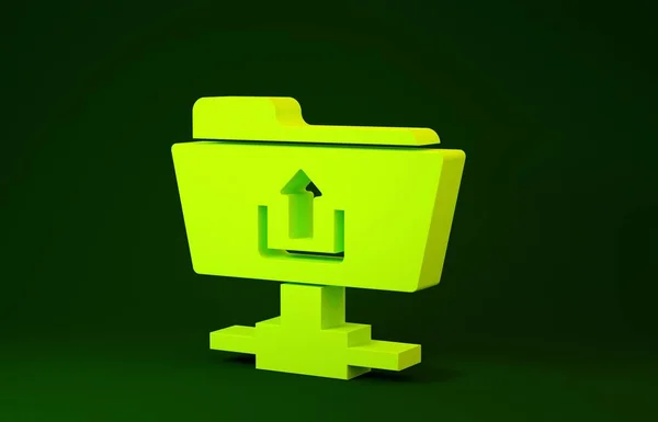 Yellow FTP folder upload icon isolated on green background. Software update, transfer protocol, router, teamwork tool management, copy process. Minimalism concept. 3d illustration 3D render