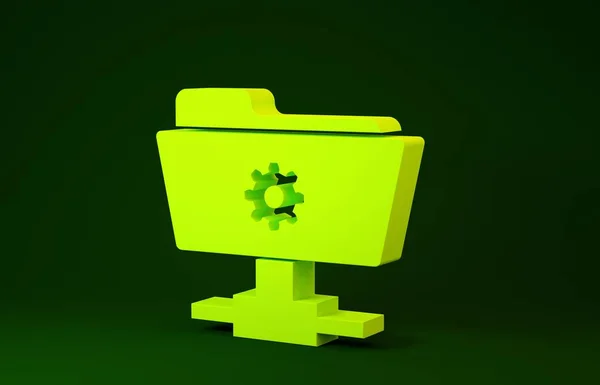 Желтый FTP устанавливает значок папки, выделенный на зеленом фоне. Обновление программного обеспечения, протокол передачи, маршрутизатор, управление инструментами командной работы, копирование процесса. Концепция минимализма. 3D-рендеринг — стоковое фото