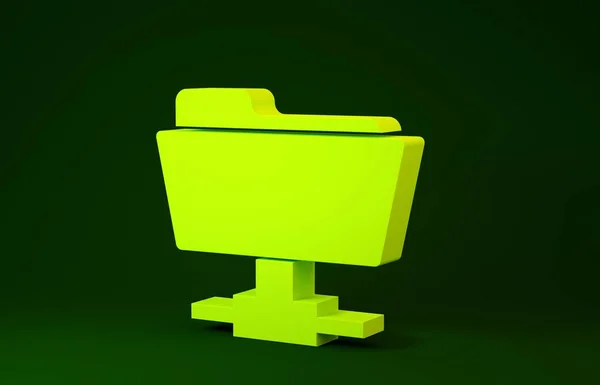 Żółta ikona folderu FTP na zielonym tle. Aktualizacja oprogramowania, protokół transferu, router, zarządzanie narzędziami pracy zespołowej, proces kopiowania, informacje. Koncepcja minimalizmu. Ilustracja 3D 3D renderowania — Zdjęcie stockowe