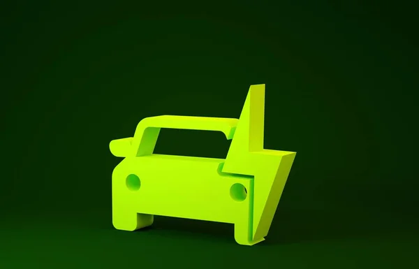 Gelbes Elektroauto und Ladesymbol für Elektrokabel isoliert auf grünem Hintergrund. erneuerbare Ökotechnologien. Minimalismus-Konzept. 3D Illustration 3D Renderer — Stockfoto