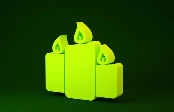 Żółte świece płonące ikona izolowane na zielonym tle. Staroświeckie zapalone świece. Cylindryczne paluszki ze świecami aromatycznymi z płomieniami. Koncepcja minimalizmu. Ilustracja 3d — Zdjęcie stockowe