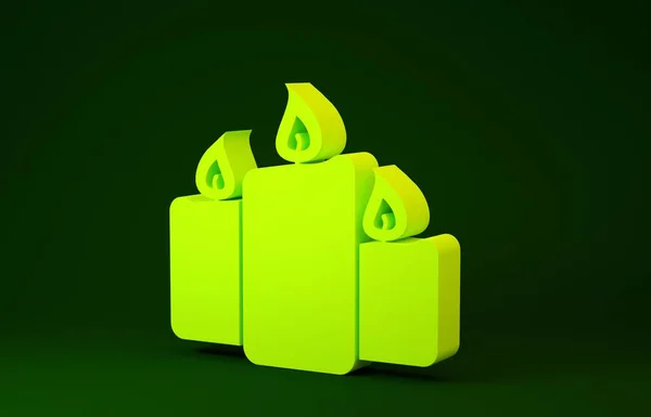 Ícone de velas em chamas amarelas isolado no fundo verde. Velhas velas acesas. Vela aromática cilíndrica varas com chamas ardentes. Conceito de minimalismo. 3D ilustração 3D render — Fotografia de Stock