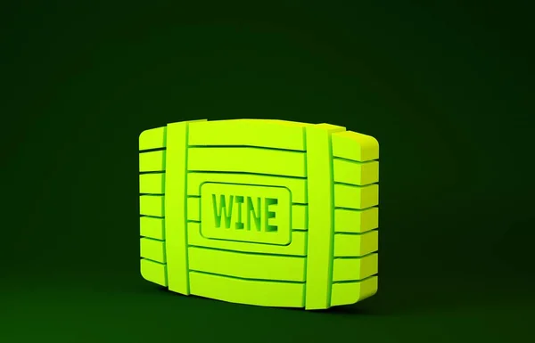 Желтая бочка Wooden для значка вина выделена на зеленом фоне. Концепция минимализма. 3D-рендеринг — стоковое фото