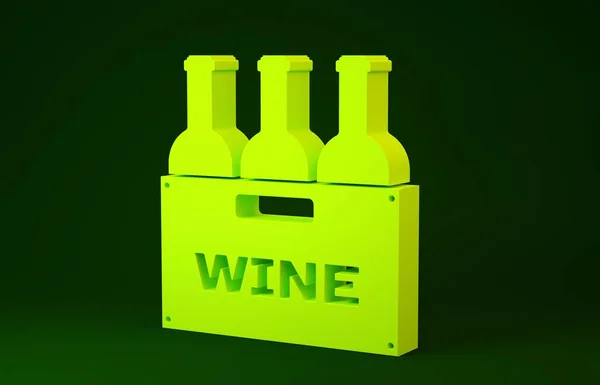 Żółte butelki wina w drewnianej ikonie pudełka izolowane na zielonym tle. Butelki po winie w drewnianej ikonie skrzyni. Koncepcja minimalizmu. Ilustracja 3d — Zdjęcie stockowe